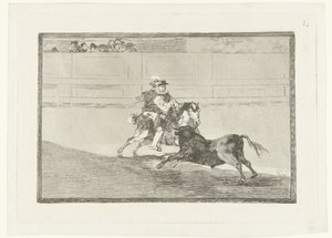 Stierenvechten i sandet En spansk herre på pladsen knækker rejoncillos uden hjælp fra alfonserne Stierenvechten (serietitel) Tyrefægtning (serietitel) af Francisco de Goya