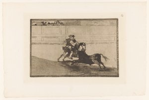 Stierenvechten i sandet En spansk herre på pladsen knækker rejoncillos uden hjælp fra alfonserne Stierengevechten (serietitel) La Taureamachie (serietitel) Tyrefægtning (serietitel) af Francisco de Goya