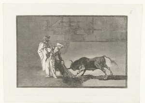 Stierenvechten i sandet Maurerne laver endnu en capeo på pladsen med deres badekåbe Stierenvechten (serietitel) Tyrefægtning (serietitel) af Francisco de Goya