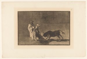 Stierenvechten i sandet Maurerne laver endnu en capeo på pladsen med deres badekåbe Stierengevechten (serietitel) La Taureamachie (serietitel) Tyrefægtning (serietitel) af Francisco de Goya