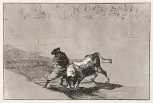 Falkens kloge elev gør tyren rasende ved at bevæge sig indhyllet i sin kappe, 1814-16 af Francisco de Goya