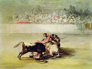 En picador falder af sin hest under en tyr af Francisco de Goya