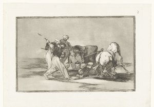 Vier mannen jagen op een stier Maurerne etableret i Spanien, som undlod deres Alcoráns overtro, overtog denne jagt og kunst og lanserer en tyr i marken Stierenvechten (serietitel) Tyrefægtning (serietitel) af Francisco de Goya