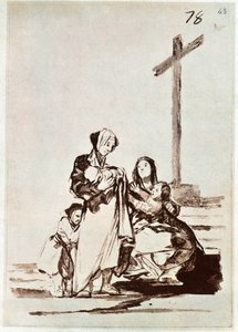 Kvinder og børn nær et kors (gravering) af Francisco de Goya