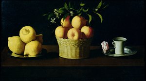Stilleben med citroner, appelsiner og en rose