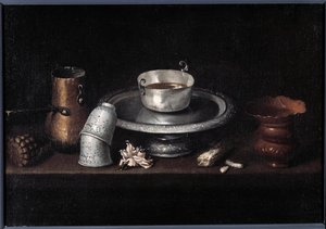 Stilleben chokolade morgenmad af chokolade kop, kopper. Maleri af Francisco de Zurbaran (1598-1664). 17. århundrede Besancon, Museum of Fine Arts af Francisco de Zurbaran