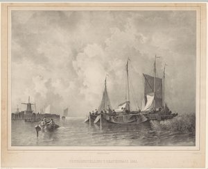 Havn med både Udstilling Haag 1845 (titel på objekt) af Franciscus Bernardus Waanders