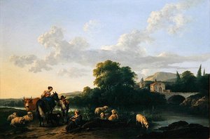 Bønder og kvæg i et italiensk landskab (olie på panel) af Franciscus Xaverius Xaverij