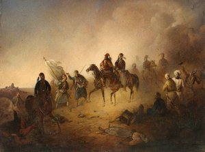 Markos Botzaris (Botsaris) (vers 1788-1823) ved slaget ved Karpenisi natten til den 8. august af Franciszek Tomasz Tepa