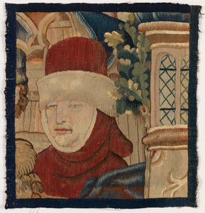 Lille fragment af gobelin, der forestiller hovedet af en mand, sent i det 15. århundrede (uld)