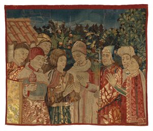 Uidentificeret gobelinfragment med otte figurer, En disputation muligvis, 2. halvdel af 1400-tallet (uld)