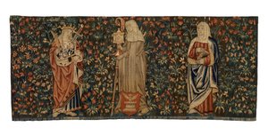 Mille fleurs gobelin, alterfront, forestillende tre helgener, St Anne, St Clare og St Euphemia, lavet ca. 1500, fransk eller flamsk (uld)