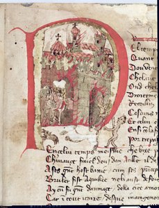 Ms Est 27 W 8.17 f.1r Historikeret initial, der forestiller Hunneren Attila (ca. 406-453), der brænder byen Aquila fra Attila-krigen af Nicola da Casola af Franco Italian School