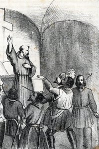 Fjerde Venedig-osmanniske krig: Kirken opfordrer til at slå muslimer på tærsklen til slaget ved Lepante søslag, som opstod den 7. oktober 1571 i Patras-bugten, Grækenland (kristen koalition dagen før slaget ved Lepanto under OttomanðVeneti af Franco Mistrali