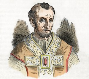 Middelalder: repræsentation af pave Nicholas I den Store (Nicola I, Nicholas eller Nicolo eller Niccolo eller Nicolaus) (858-867) tegning fra "I misteri del vaticano" af Franco Mistrali 1843