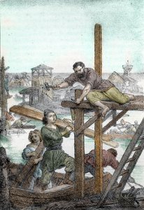Attilan hunien metsästämät pakolaiset asentavat Venetsian kaupungin perustukset 5. vuosisadalle (Attilan barbaarien metsästämien pakolaisten Venetsian perustaminen, 5. vuosisata) Piirros Franco Mistralin "I misteri del vaticanosta" 1846