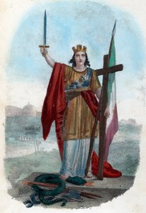 Risorgimento: Allegorisk repræsentation af det triumferende Italien, der står på slangen fra den korrupte kirke og rejser sig et sværd med et kors og et flag, symboler på politiske, religiøse og civile risorgimento) Frontispice tire de "" I misteri del vat af Franco Mistrali
