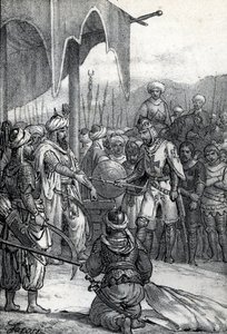 Syvende korstog: Kong Ludvig IX blev taget til fange i slaget ved Fariskur den 6. april 1250 (Syvende korstog: Kong Ludvig IX fange ved slaget ved Fariskur, 6. april 1250) Tegning fra "Misteri del Vaticano" af Franco Mistrali