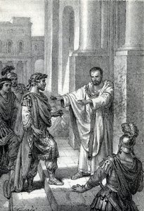 Ærkebiskoppen Sankt Ambrosius af Milano (Aurelius Ambrosius, Ambrogio di Milano (340-397) forbød indgangen til kirken til den romerske kejser Theodosius I (Flavius Theodosius) (347-395) for at straffe ham for massakren i Thessalonika i 390 - Excommunicati af Franco Mistrali