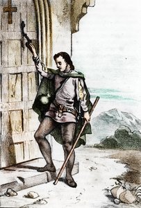 Den unge Jerome Savonarole (Girolamo Savonarola) (1452-1498) bankede på døren til det dominikanerkloster Santo Domenico i Bologna i 1475 (Girolamo Savonarola som ung bankede på døren til San Domenico-klostret af ordenen af Brødre af Franco Mistrali