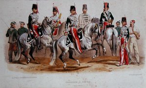 Franske kavalerister på det andet imperiums tid (farve litho) af Francois Hippolyte (after) Lalaisse