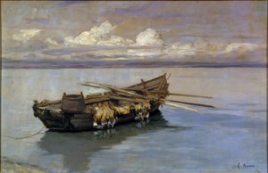 Mit Netzen beladener Kahn am Ufer