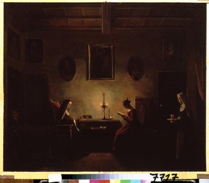 ""Interiør"" Scene i et kloster, en ung pige læser ved levende lys, to nonner er i rummet. Maleri af Francois Marius Granet (1775-1849) Pushkin Museum fra det 19. århundrede, Moskva af Francois Marius Granet