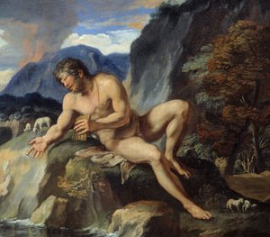 Polypheme Cyclops med en Pan-fløjte, detalje af "" Acis and Galatee""" Nymfen Galatee og Acis, observeres af Cyclops Polypheme, jaloux på deres idylliske kærlighed. Ifølge Ovids "Metamorfoser". Maleri af Francois Perrier (1590-1650) 17. ce