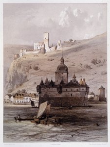 Chateau a Pfalz, Tyskland. I "" Den monumentale og maleriske Rhinen"". Litografier af Fourmais og Stroobant