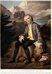 Jean Jacques Rousseau i Schweiz, forfulgt og uden asyl. Akvatinte af Charon d