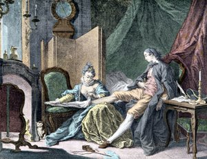 La Courtesan amoureuse: Kvinde fjerner bunden af en mand - gravering af ap. Slagter