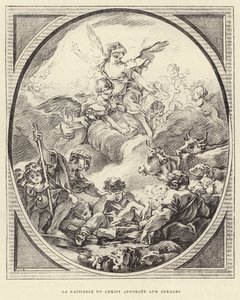 Kristi fødsel annonceret til hyrderne (gravering) af Francois (after) Boucher