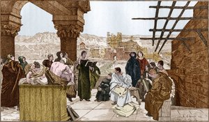Pierre Abelard eller Abailard (1079-1142), fransk filosof og teolog og hans skole på Sainte Genevieve-bjerget. Fra fresken af Francois Flameng.