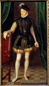 Portræt i foden af Charles IX (1550 - 1574) konge af Frankrig. Maleri af Francois Clouets værksted (1515-1572)