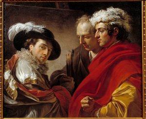 Portræt af tre mænd (kunstneren, arkitekten Pierre Rousseau og en ukendt) Maleri af Francois Andre Vincent (1746-1816) 1775 søn. 0,81x0,98 m .