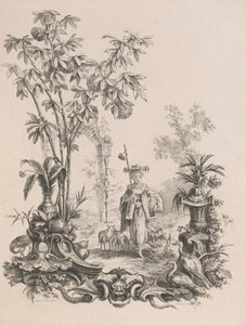 Ung kinesisk pige gående, omgivet af sine får, ca.1740-50.