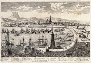 Udsigt over byen og havnen i Barcelona i det 18. århundrede. Gravering af Francois Antoine Aveline Barcelona, Museu d