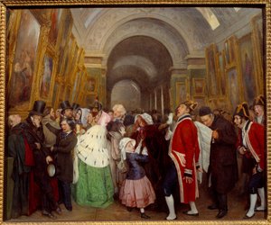 Fire timer ved Salonlukningen af det årlige maleriudstilling i Grande Galerie du Louvre. Maleri af Francois Auguste Biard (1798-1882) 1847 søn. 0,57x0,67 m