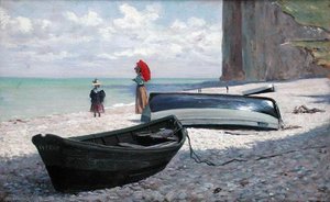 Strandscene ved Fecamp, det nordlige Frankrig (olie på panel) af Francois Auguste Didier Clovis