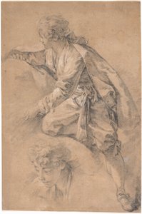 En ung mand, der sidder på et halvt knæ med begge arme strakt ud af François Boucher
