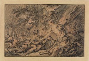 Diana, der hviler sig i skoven sammen med sine nymfer af François Boucher