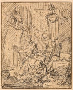 Indenlandsk scene: Mor med to små børn før en kappe af François Boucher