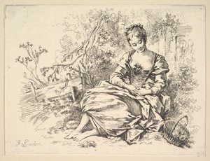 Pige i et landskab med en kurv med blomster af François Boucher
