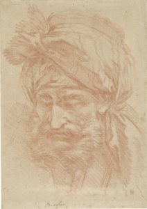 Hovedet af en skægget østlig mand med turban, set forfra, med blikket rettet nedad af François Boucher