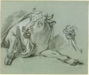 En liggende tyr. Studie til maleriet »Røveriet af Europa« i Musée du Louvre i Paris af François Boucher