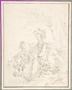 Bonde-pige, der rider på en okse sammen med sine ledsagere af François Boucher