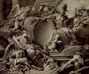 Projekt til en kartouche: En allegori over Minerva, berømmelse, historie og tro, der overvinder uvidenhed og tiden af François Boucher