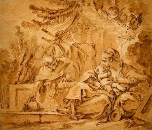 Hvil på flyveturen til Egypten (pen og brunt blæk med lyserøde og brune vaske på papir) af François Boucher