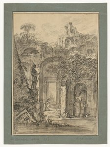 Et landskab med romerske ruiner og enkelte figurer af François Boucher