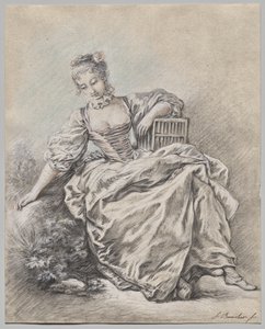 Siddende kvinde med en fuglebur i hånden af François Boucher